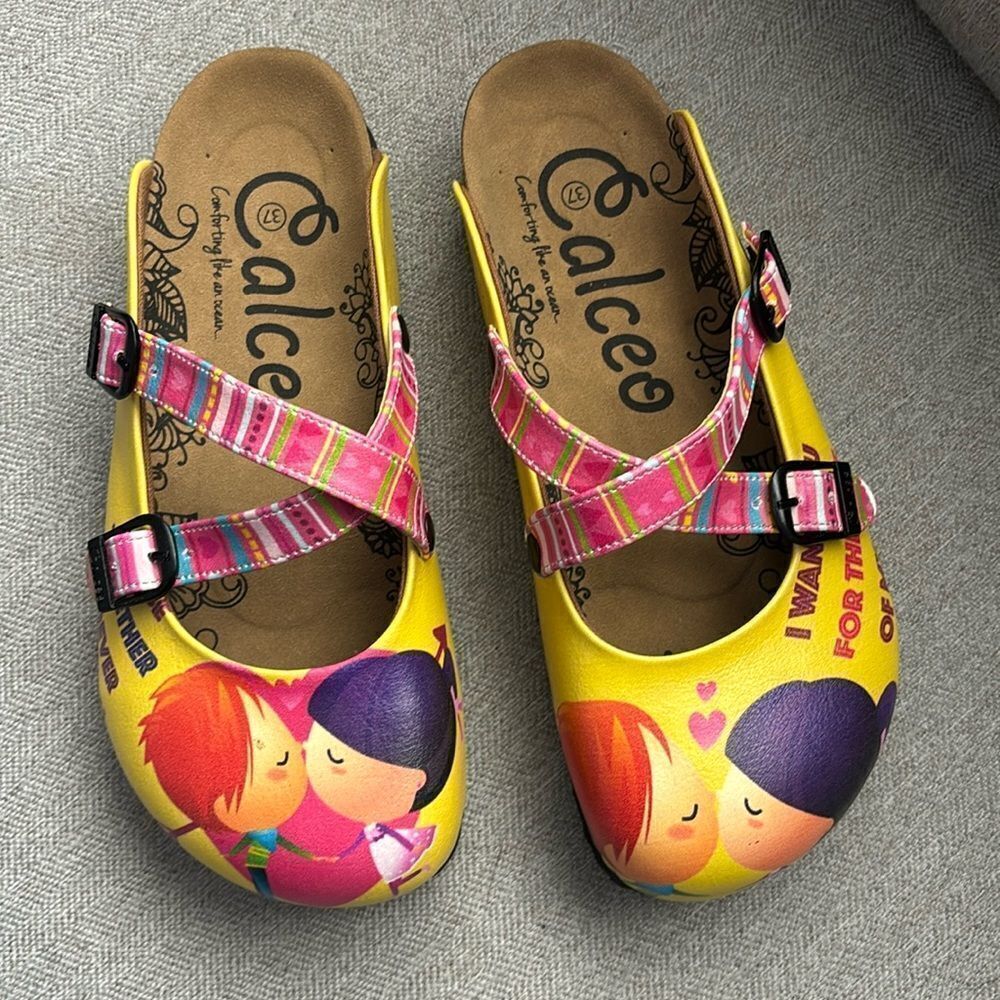 Calceo Yellow Printed Mary Jane Mules with Pink Straps